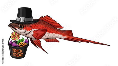 Halloween Fish Illustration: A whimsical illustration featuring a red fish in a hat holding a trick or treat bucket filled with candy, perfect for Halloween themes.