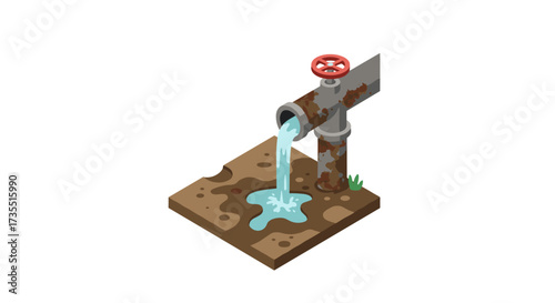 Isometric water pipeline leak with rusty pipe and ground spill