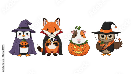 Halloween Animal Characters : A delightful illustration featuring a charming penguin, fox, guinea pig, and owl, all dressed up in enchanting Halloween costumes, ready for trick-or-treating adventures.