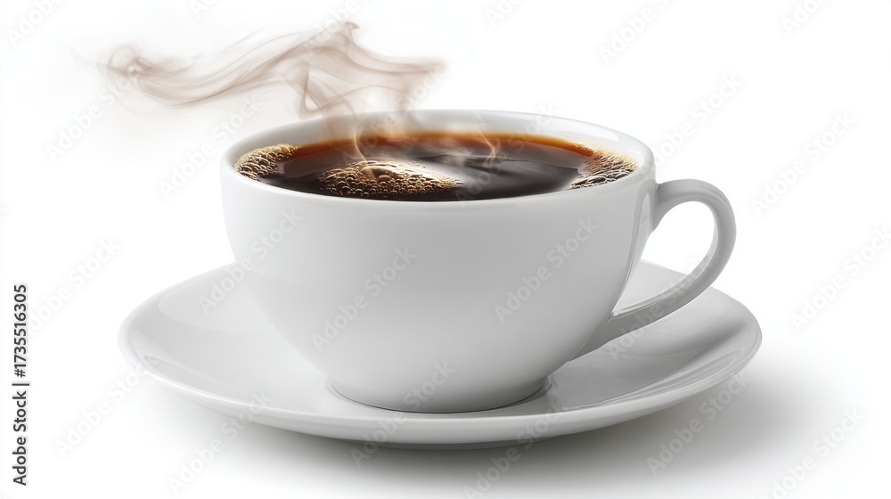 Naklejka premium A steaming cup of dark coffee rests on a simple white saucer. The warmth of the coffee fills the air as morning light illuminates the scene creating a cozy ambiance perfect for relaxation.