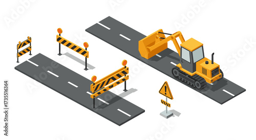Isometric construction scene with bulldozer and road barriers