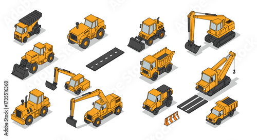 Isometric construction vehicles collection heavy machinery and equipment