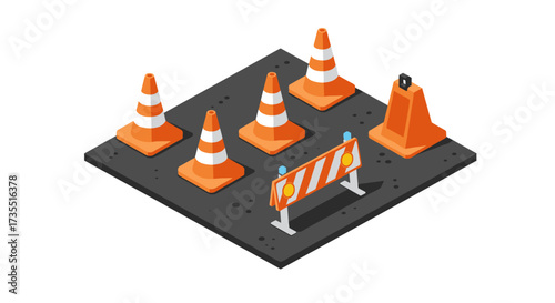 Road safety equipment display with traffic cones and barrier in isometric design