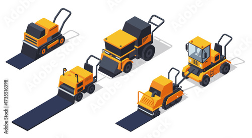 Isometric construction vehicles set of modern rollers and pavers in orange and black