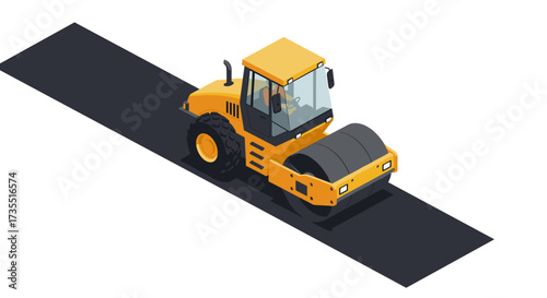 Isometric yellow road roller on asphalt path