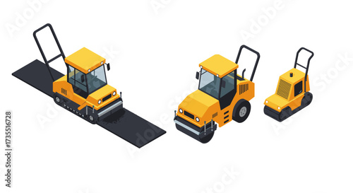 Isometric construction equipment set featuring asphalt paver, road roller, and compactor