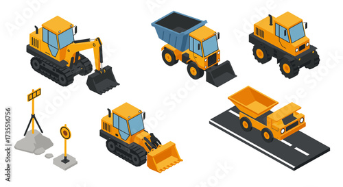 Isometric construction vehicles collection with excavator, bulldozer, and dumper truck