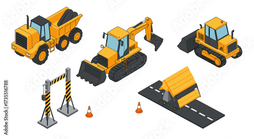 Isometric construction equipment set dump truck, excavator, bulldozer, barricades