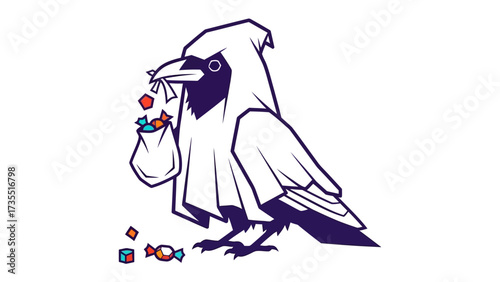 Raven Gathering Sweets: A stylized illustration of a raven, draped in a ghostly attire, meticulously gathers an assortment of candies, embodying the spooky spirit.
