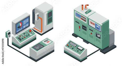 Isometric industrial control panels with modern interface for automation systems