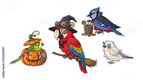 Halloween Birds' Party: A quirky Halloween gathering of vibrant, meticulously detailed birds, each sporting elaborate, steampunk-inspired attire and accessories, creating a delightful.