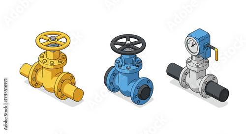 Industrial pipe valves and pressure gauge in isometric style