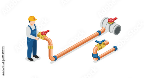 Worker inspecting pipeline with valves in isometric style
