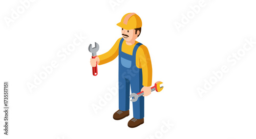 Isometric construction worker holding tools in uniform and hard hat