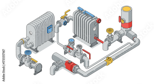 Isometric industrial piping system with valves and heat exchangers