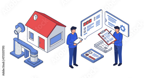 Isometric business automation concept with figures analyzing reports and technology