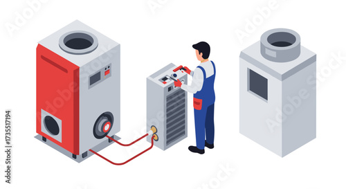 Technician servicing modern heating system in isometric style