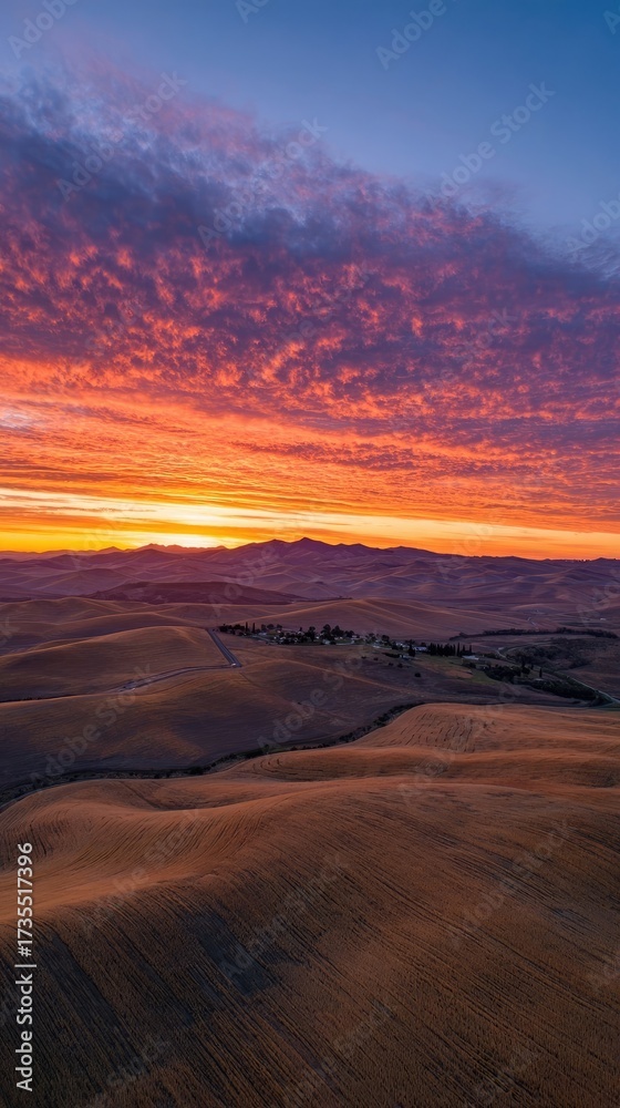 Naklejka premium Sunrise Over Rural Landscape With Dramatic Clouds