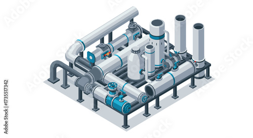 Isometric industrial pipeline system with cylinders and valves on white background
