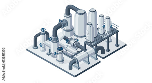 Isometric industrial facility with pipes and machinery on white background