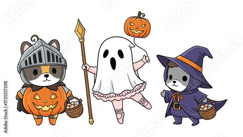 Halloween Trio: Three adorable characters dressed in costumes and decorations, embodying the spirit of Halloween, captured with a charming illustration and cheerful ambiance.
