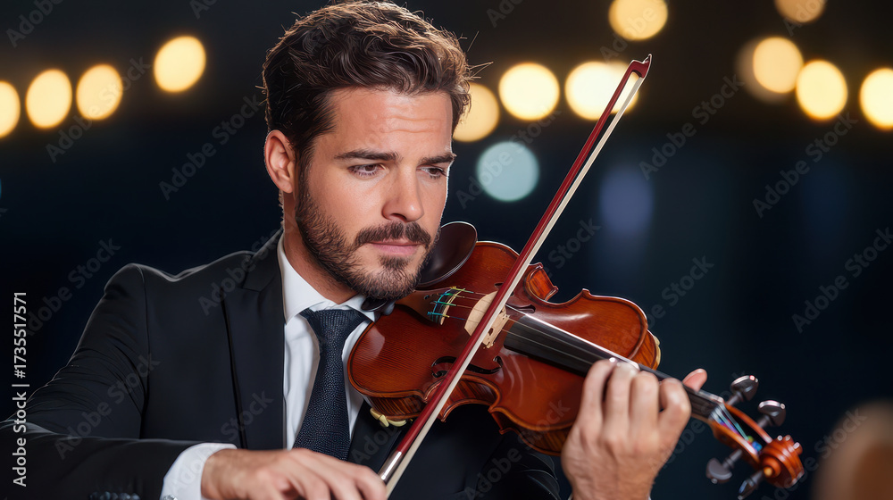 Fototapeta premium Focused musician playing violin on stage, dressed in formal suit, with soft bokeh lights in background creating elegant atmosphere