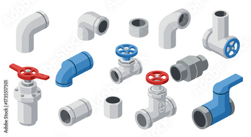 Isometric plumbing pipe set with fittings and valves on white background