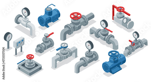 Comprehensive isometric set of industrial pipes and valves with gauges