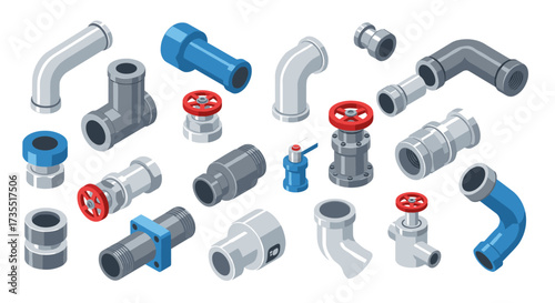 Isometric industrial pipe fittings and valves collection in modern design