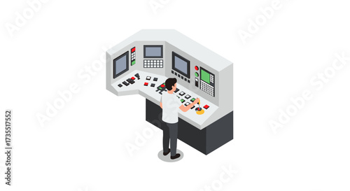 Isometric control room operator at workstation with panels and screens
