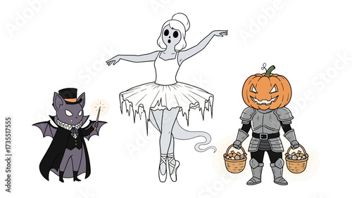 Whimsical Halloween Ensemble: A charming illustration presents a delightful trio of Halloween characters, each radiating spooky charm. The scene is a whimsical blend of spooky and endearing visuals.