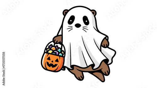 Halloween Otter: A playful otter, donned in a ghostly white sheet, playfully clutches a vibrant pumpkin bucket brimming with delicious candies, embodying the spirit of Halloween with cuteness.