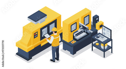 Industrial automation worker operating advanced cnc machines in isometric style