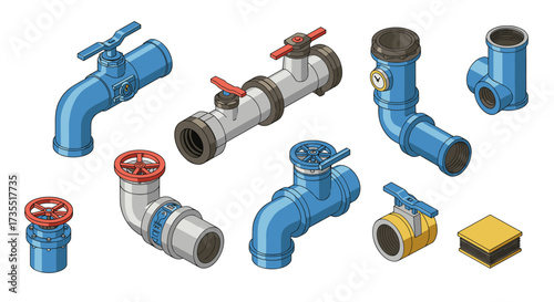 Isometric pipe systems and valves collection with industrial elements