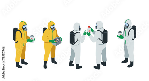 Isometric hazmat suit team handling chemical samples in protective gear