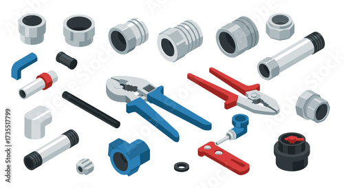 Isometric plumbing tools and pipes set for construction and repair projects