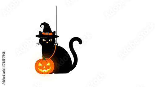 Spooky Black Cat Halloween Icon: A sleek black cat, donned in a whimsical witch's hat, proudly clutching a carved jack-o'-lantern and suspended, embodying the quintessential spirit of Halloween.