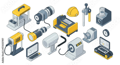 Industrial equipment isometric icons set featuring machines and tools