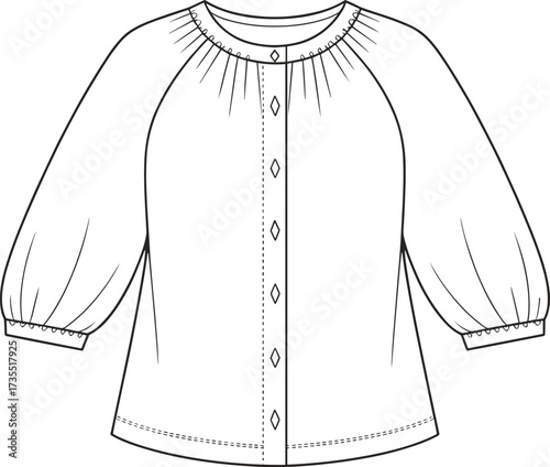 Blouse flat sketch, cad drawing, fashion vector illustration, women top design, puff sleeve blouse, button front shirt, garment technical template