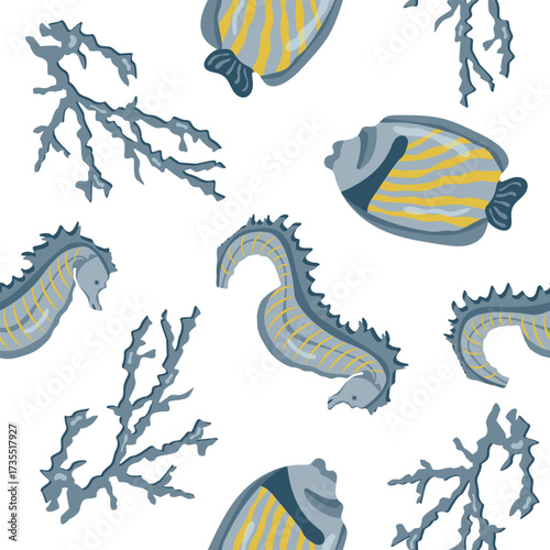 Vector seamless pattern with corals, fish and seahorse. Suitable for fabric, phone cases and stationery.