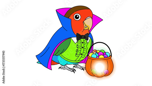 Halloween Parrot: A vibrant parrot dressed in a Halloween costume, holding a glowing pumpkin basket filled with colorful candies, set against a clean background.