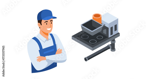 Isometric coffee machine with engineer in uniform and cap