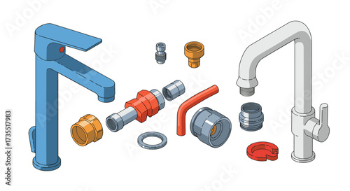Detailed isometric plumbing components and faucet assembly diagram