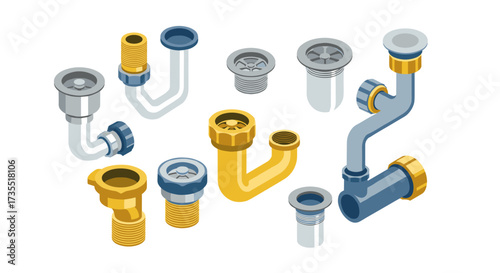 Isometric plumbing components set with pipes and drains in blue and yellow design