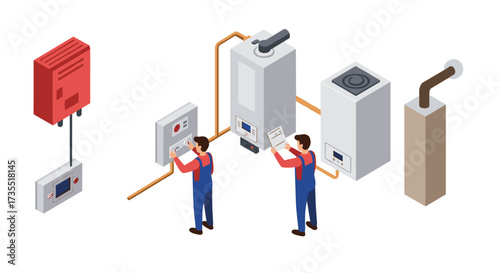 Isometric boiler maintenance with technicians and heating equipment elements