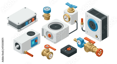 Isometric hvac components with fans, gauges, and valves in modern design