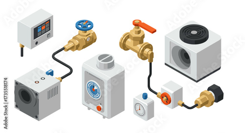 Industrial equipment set with pipes and valves in isometric style