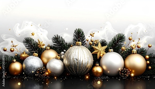 Ornaments & pine branches against snowy, ethereal backdrop