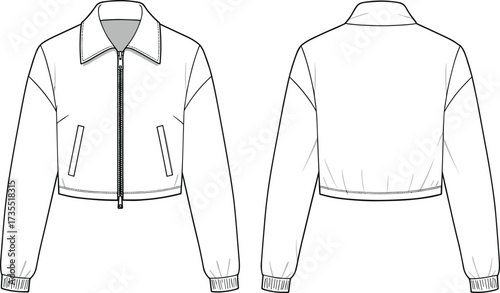 Fashion jacket technical flat sketch, CAD drawing outerwear design, vector illustration front and back view, apparel template for fashion designers, sewing pattern reference