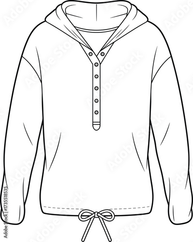 Hoodie flat sketch, pullover sweatshirt design, fashion cad drawing, vector garment illustration, casual wear template, long sleeve clothing, stylish technical drawing